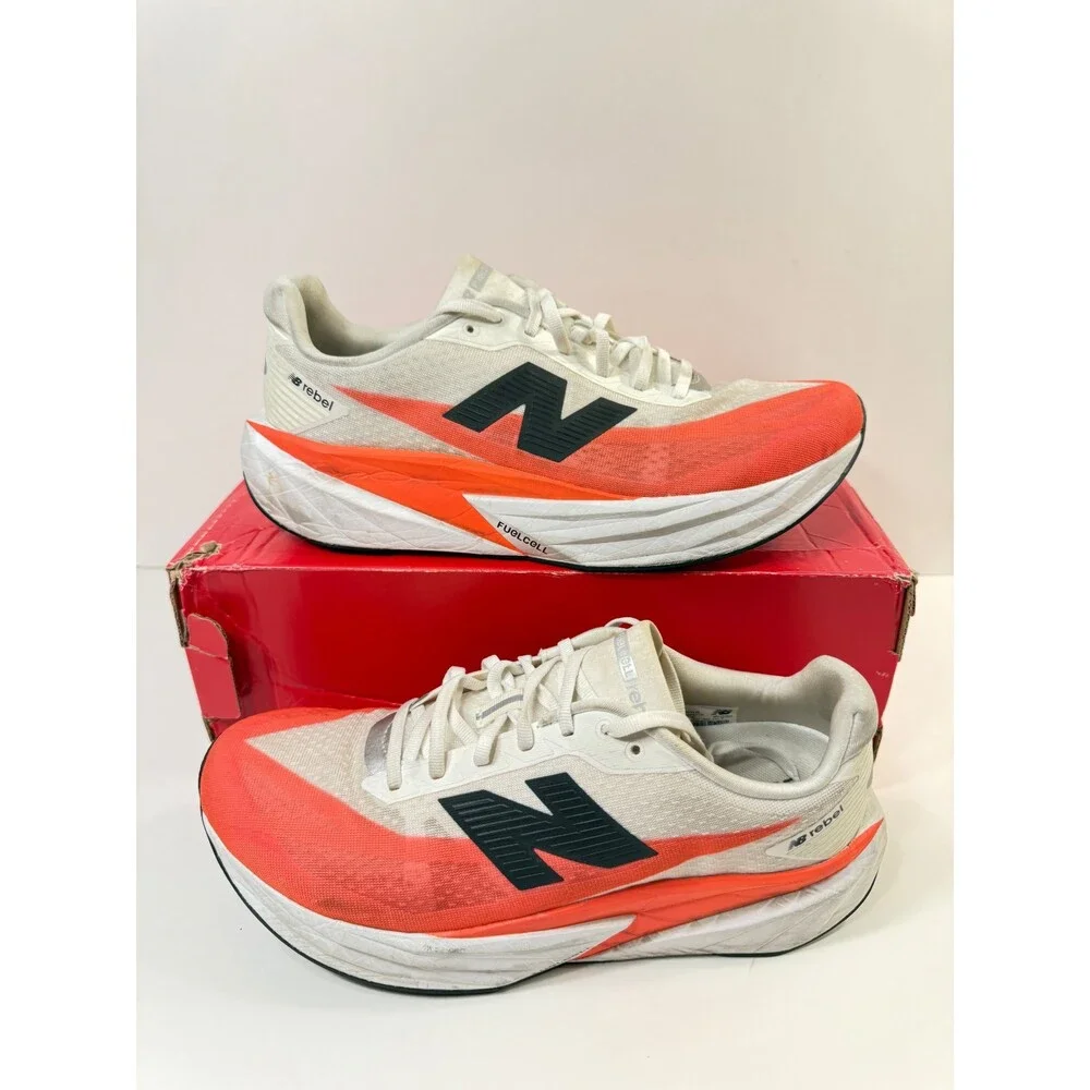 New Balance Men's FuelCell Rebel V5 Running Shoe, Urgent Red/White/Sea Salt, 11